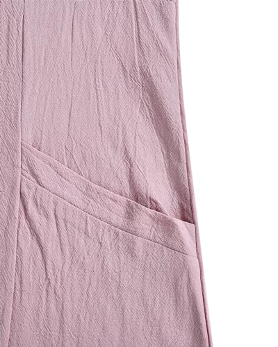 Image of Women's 65% Cotton, 35% Linen Crew Neck Midi Dress, Short Sleeve Dress with Pockets for Summer Daily Wear