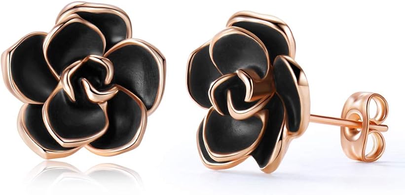 18K Rose Gold Plated Rose Flower Stud Earrings with Black Enamel for Women 13mm