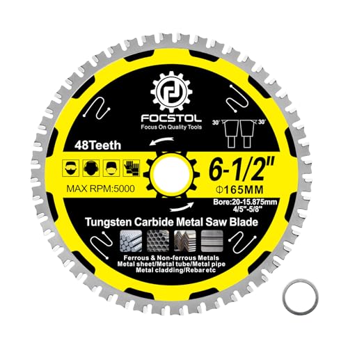 165mm Metal Cutting Circular Saw Blade - FOCSTOL Tungsten Carbide Tipped Saw Blade 48T for Steel Stainless Steel Ferrous Metals Steel Pipe Arbor 20mm x 15.875mm
