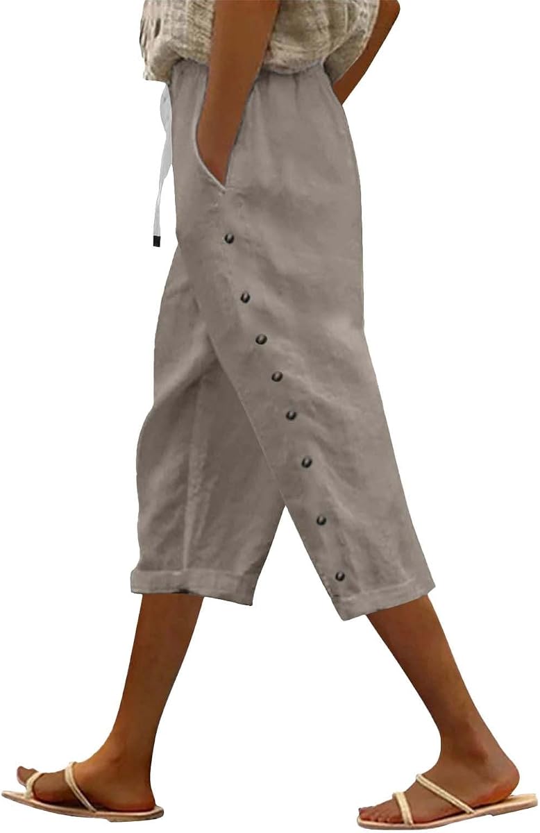 SHAOBGE Pantalones Capri de lino para mujer, pantalones informales de verano con cordón elástico de cintura alta, pantalones ligeros rectos de pierna ancha recortados