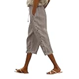 SHAOBGE Capri Linen Pants Women Casual Summer Drawstring Elastic High Waist Lightweight Pant Straight Wide Leg Cropped