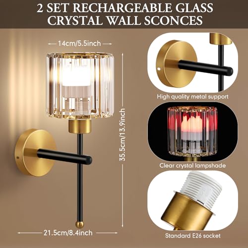 Image of Retisee 2 Set Modern Battery Operated Glass Crystal Wall Sconces Wireless Rechargeable Wall Light with Remote 12 Colors Dimmable Crystal Sconce Lamp for Bedroom Porch Bulbs Included Black Rod