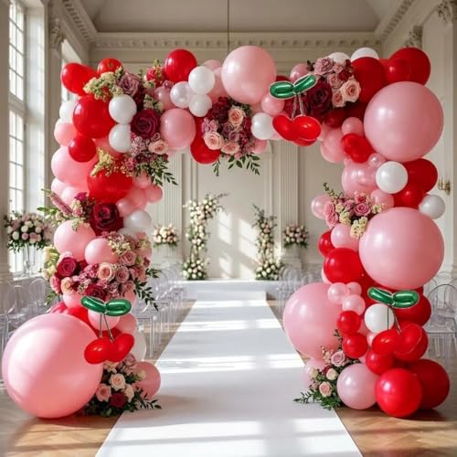 Image of Red Pink Balloon Arch Double Stuffed Latex Pink White Pearl Balloons Red Green Long Balloon Garland for Cheery On Top Baby Shower Birthday Valentines Bridal Shower Garden Berry Party Decoration