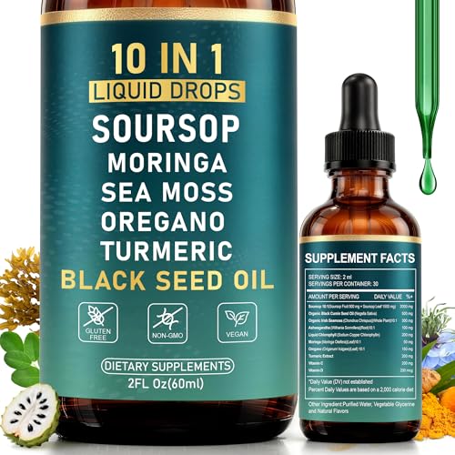 10-in-1 Soursop Bitters Liquid Drops with Sea Moss, Moringa, Black Seed Oil, Turmeric, Ashwagandha, Oregano - for Overall Health - 2 Fl Oz - Non-GMO, Vegan