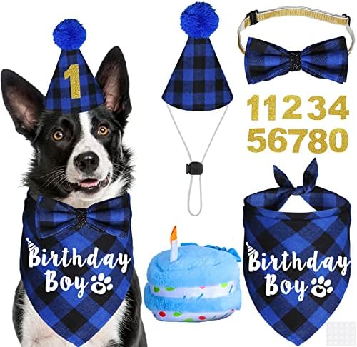 JOTFA Dog Birthday Party Supplies, Plaid Dog Birthday Boy Bandana with Dog Birthday Number Hat Bowtie Dog Birthday Cake Squeaky Toy for Small Medium Large Dogs Pets