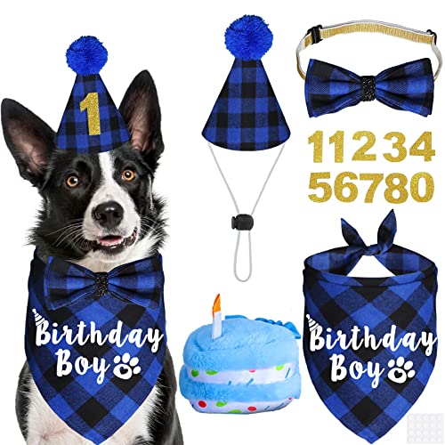 Jotfa Dog Birthday Party Supplies, Plaid Dog Birthday Boy Bandana With Dog Birthday Number Hat Bowtie Dog Birthday Cake Squeaky Toy For Small Medium Large Dogs Pets #TOP3