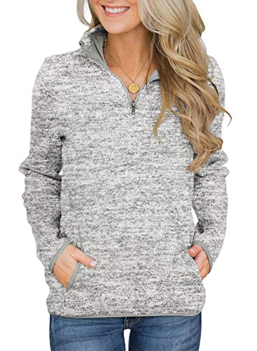 Image of Magritta Ladies Casual Stand Collar Tunic Tops with Pockets Long Sleeve Quarter Zip Jacket Sweatshirt LightGray XX-Large