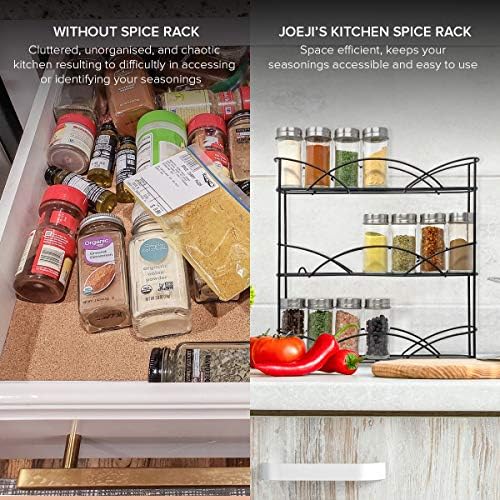 Joejis Free Standing Black Spice Rack - Includes 14 Spice Jars, 21 Chalk Labels & Chalk Pen - Ideal for Storing Spices & Herbs
