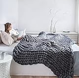 DIRUNEN Chunky Knit Blanket Bulky Throw Merino Wool Hand Made Bed Sofa Throw Super Large (Dark...