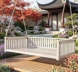 Minimalist Twin Size Acacia Wood Porch Swing Bed – 350 Lbs Capacity, Safe Sloped Design, Weather-Resistant for Backyard & Garden (Mattress Not Included) (White)