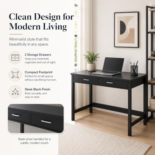 Image of 4NM 39.4 inch Small Desk with Wood Drawers, Home Office Computer Desk with Wooden Legs, Study Writing Table Vanity Desk for Small Spaces - Black