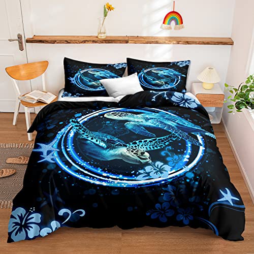 Merryword Sea Turtle Bedding Set Queen Size For Kids Boys Girls Ocean Themed Duvet Cover Set Dark Blue Turtle And Starfish Pattern Tortoise Mandala Bedding Set 3 Piecses (Queen, Sea Turtle) #TOP7