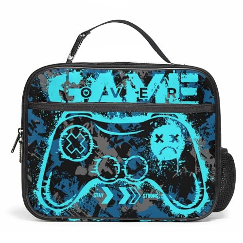 WOBAGMEN Game Lunch Box for Kids, Cute Insulated Lunch Bag for Boys Girls,Waterproof Lunch Box with Water Bottle Holder for Teens Adults Picnic Travel Back to School (Blue Game)