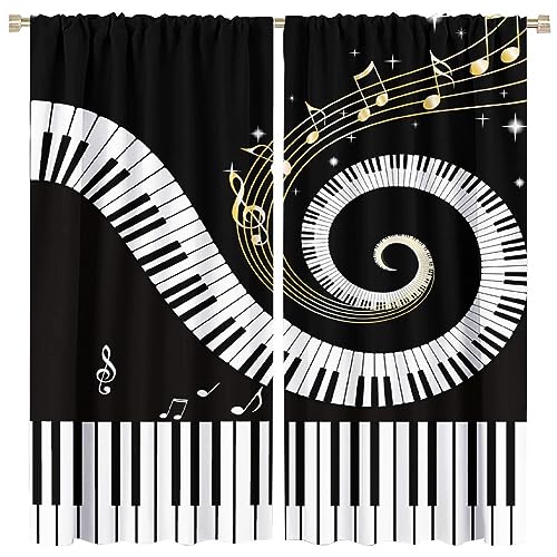 SENQIAN Abstract Music Note Curtains Piano Musical Theme Kids Boys Girls Bedroom Decor Retro Rustic Art Printed Rod Pocket Blackout Window Drapes for Living Room Kitchen Cafe Décor W21xL45in 2 Panels