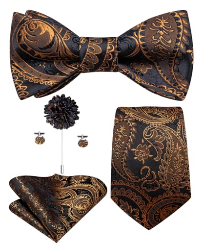 Image of Hi-Tie 5Pcs Mens Solid Color Silk Tie Satin Pretied Bowtie Lapel Pin for Men Handkerchief Cufflink Wedding Gift Box