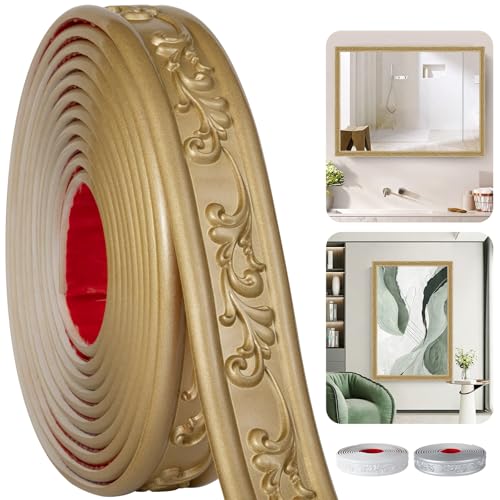 Zefuriam Peel and Stick PVC Crown Molding Trim, 16.4 Ft x 1.8" Flexible Self Adhesive Wall Trim, Decorative Molding Strip for Mirror Frame Baseboard Cabinet Home Decor (Champagne Gold)