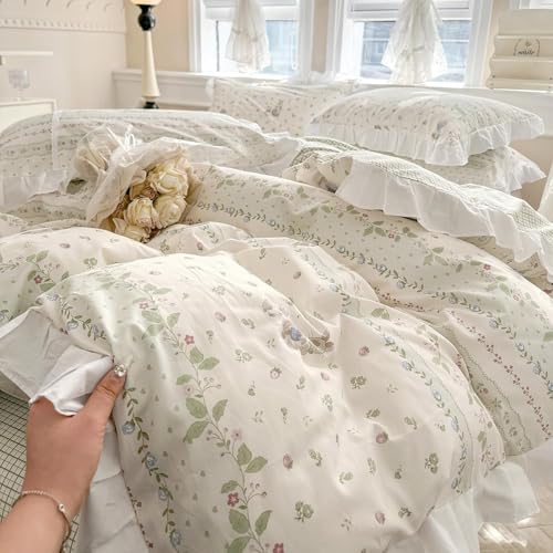 Image of LifeTB Botanical Floral Comforter Set Full Size Cute Flower Leaves Rabbit Pattern Comforter Reversible Green Plaid Comforter Girls Princess Bedding Set Lace Ruffle Comforter Set for Kids Teen Girls