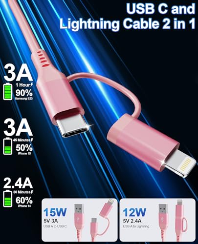 USB à la foudre et USB C Câble 2 en 1 Rose enroulée iPhone chargeur - Lumière du chargeur de voiture rose USB C Combo Cable Support Apple Carplay & Android Auto & Données, pour iPhone 16 15 14 13 12 11 Android