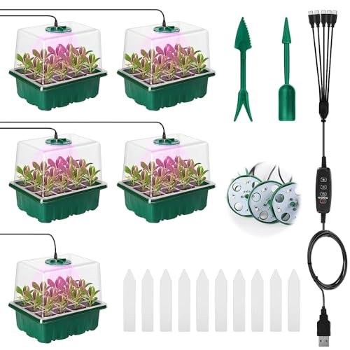 HIULLEN 5 Piezas Bandejas Semilleros con Lámpara Germinacion, Bandejas Semilleros de Germinacion Bandejas de Cultivo de Invernadero con Temporizador Plantas Bandeja de Plántulas
