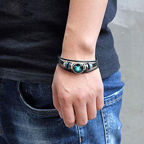 2Pcs Taurus Zodiac Bracelets For Men,Retro 12 Constellation Beaded Handwoven Braided Rope Punk Alloy Leather Bracelets Cuff #TOP5