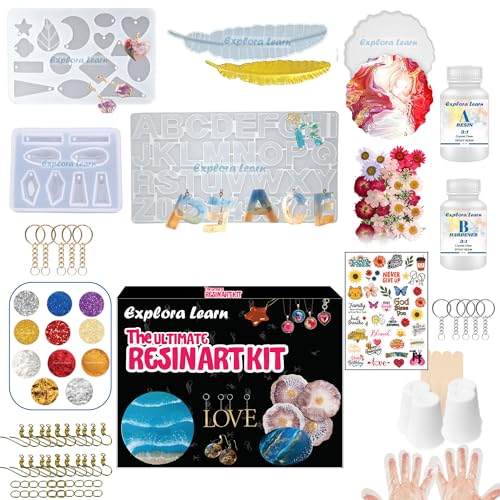 Image of Exploralearn 125 pcs Ultimate Master Resin Art Kit - DIY Alphabet, Earring, Keychain, Pendant, Coastersand Bookmark with Epoxy Resin and Silicone Moulds - Comprehensive Resin Art Materials - Mica, Glitters, dried flowers and Flakes