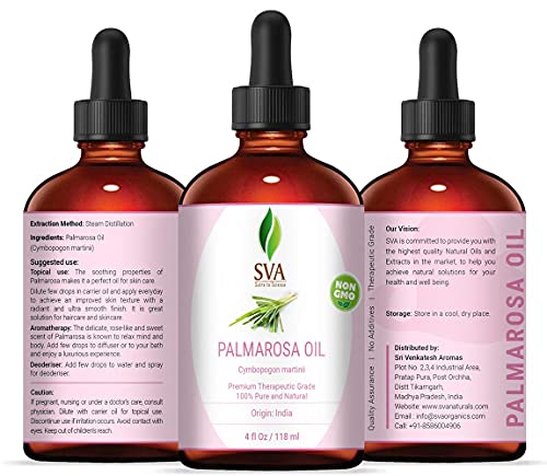 Sva Palmarosa Essential Oil- 118 Ml (4 Fl. Oz.) 100% Pure, Natural & Premium Therapeutic Grade For Supple Skin, Nourished Hair, Aromatherapy & Massage #TOP1
