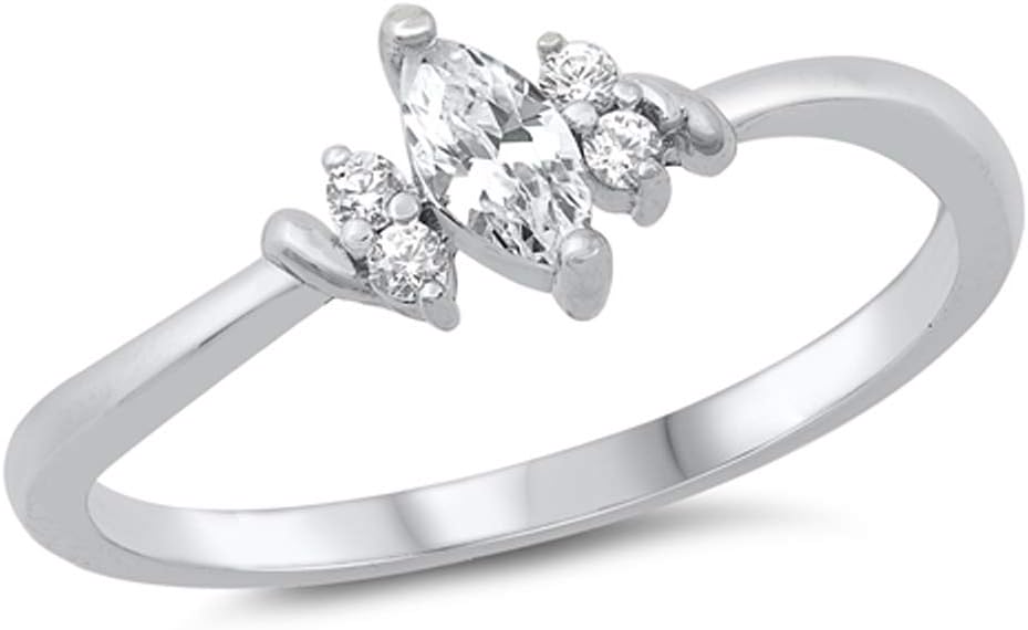 White Marquise Polished Ring New .925 Solid Sterling Silver Band Sizes 4-10