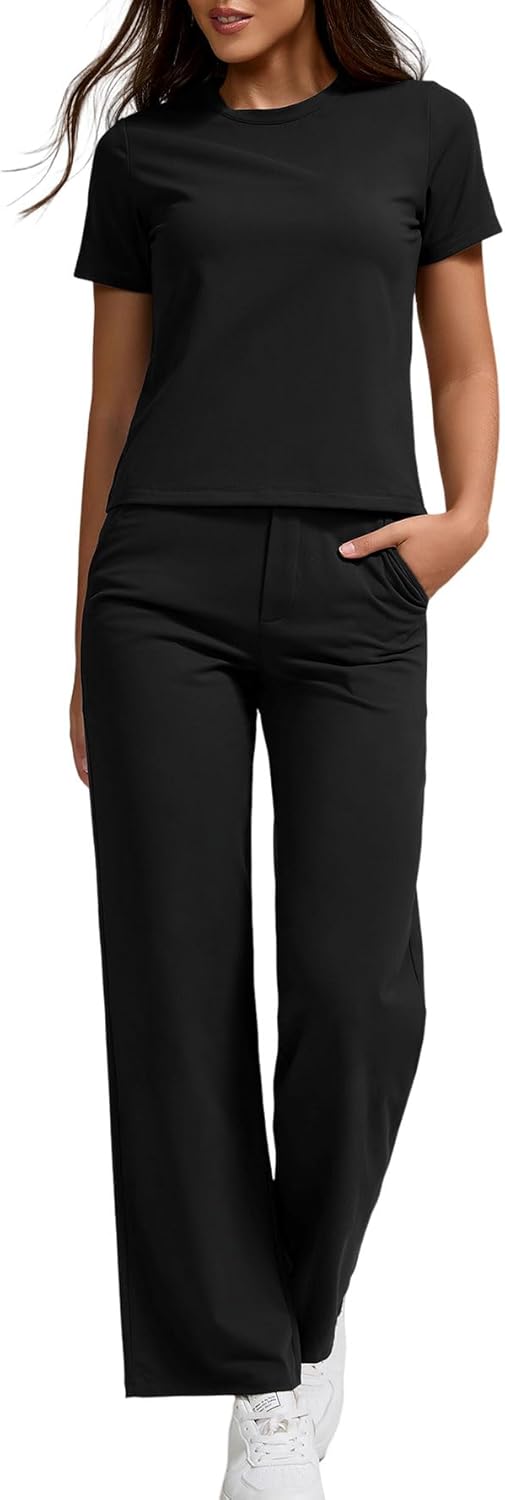 Women’s 2 Piece Activewear Set with Slim O Neck Short Sleeve Tops & Elastic Waist Pocket Straight Leg Pants