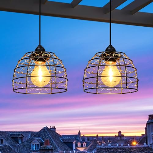 FabStyl Suspension Luminaire à Piles(non inclus) Intérieur Extérieur, 2 Lampes Suspendues Bohème Lustre avec Télécommande&Ampoule E27 Luminosité Réglable Minuterie Pour Jardin Pavillon Gazebo Terrasse
