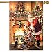 Santa By The Fireplace Christmas House Flag Tree Stockings Toy Sack 28" X 40"