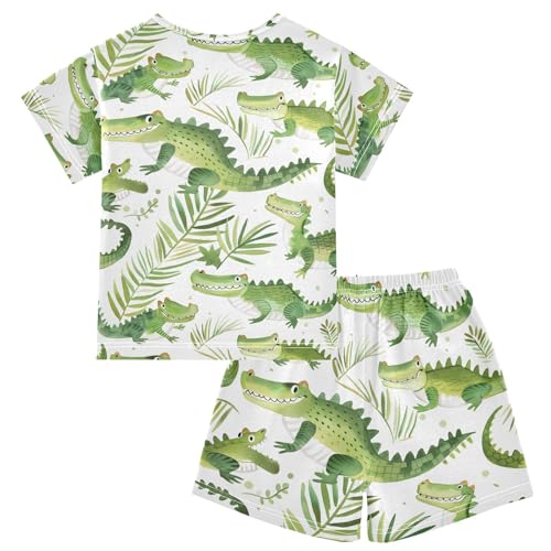 ALAZA Cartoon Crocodile Palm Leaf Pajamas Short Sleeve 2 Piece Sleepwear Top and Bottom Pajama Set Unisex2