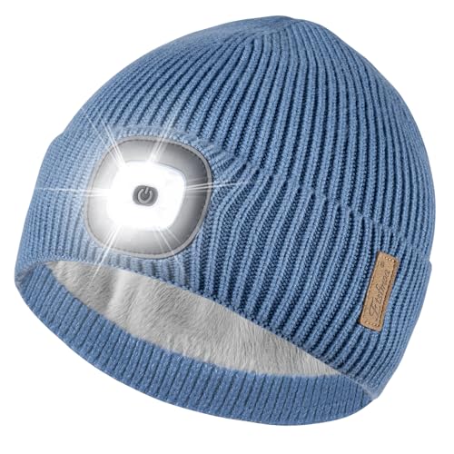 Image of Etsfmoa Unisex Beanie with The Light,Fleece Lined Warm Knit Hat,Gifts for Men Women,Rechargeable LED Cap (UK, Alpha, One Size, Light Blue)