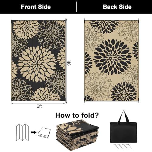 Ileading Reversible Outdoor Rug 6x9Ft Waterproof Patio Rug Carpet Portable Outdoor Plastic Straw Rug Large RV Camping Mat Rug for Patio, Clearance, Deck, Beach, Porch, Camping, Picnic, Flower Black by Ileading - Image 2