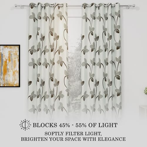 Image of Door Curtains 7 feet Long Set of 2 | Floral Design | Polyester, Light Filtering Curtains and Drapes | Curtains for Living Room | (118 x 215 cm, Grayish Green) | Perfect for Home Decor