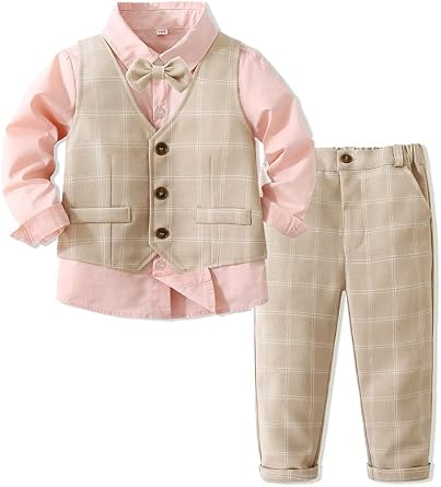 Baby Boys 4 Piece Elegant Gentleman Set with Pink Shirt,Bowtie,Plaid Vest and Plaid Pant