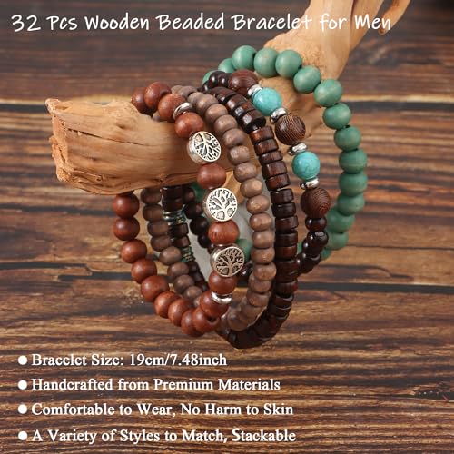 FIRAZIO 32 Pcs Wooden Beaded Bracelets for Men Adjustable Pulseras Para Hombres Set, Mens Bracelet Meaningful Gift3