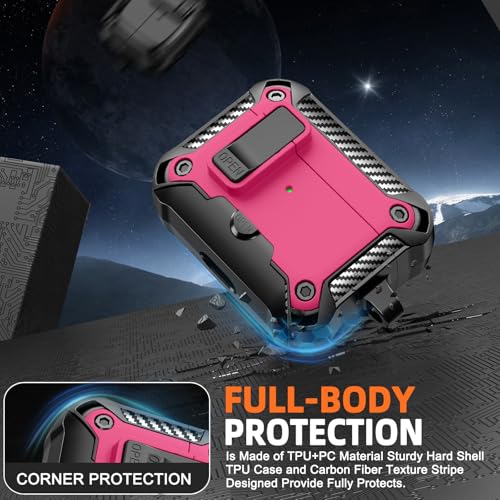 Image of for AirPods Pro 3 Case with Lock & Phone Stand(Rose red) | Automatic Snap Switch Lock,Carbon Fiber Texture Design Cover with Cleaner Kit