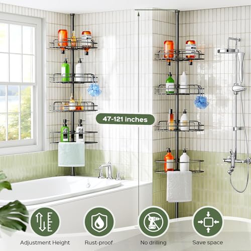 HAMITOR Corner Shower Caddy Tension Pole: 4-Tier Rust-Resistant Adjustable Bathroom Organizer Shelves - 47-121 Inch No-Drill Quick Installation - Space-Saving Storage for Renters Families - Black by HAMITOR - Used condition - Image 6