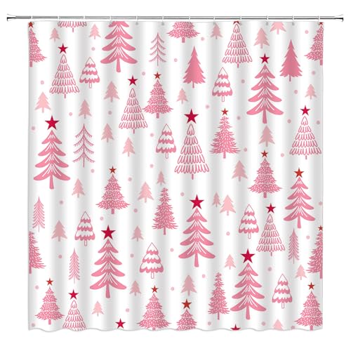 Christmas Tree Shower Curtain Pink Cute Xmas Tree Stars Cartoon