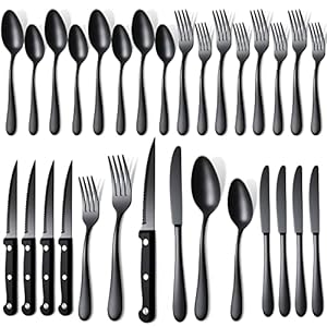 Moretoes 24Pcs Black Silverware Set with Steak Knives for 4, Stainless Steel Cutlery Set, Utensil Sets, Flatware Sets for Home and Restaurant, Include Knife Fork Spoon Set, Dishwasher Safe