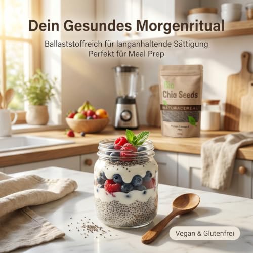 Naturacereal Bio Chia Samen 1kg - Premium Chiasamen aus biologischem Anbau - Vegan & Glutenfrei - Reich an Omega-3, Protein & Ballaststoffen - Superfood für Müsli