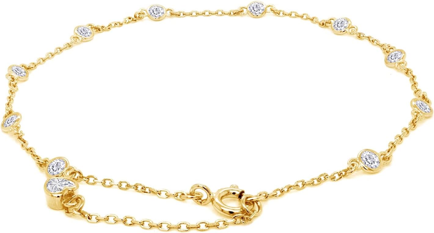 Station Anklet Bracelet For Women 3MM Round Lab Created Moissanite Bezel Set Single Piece Dainty Link Chain Anklet in 14K Gold Plated 925 Sterling Silver 8" to 10" Fine Jewelry