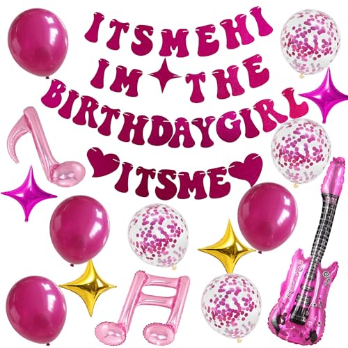 Me Birthday Party Decorations Banner - 16 Pcs Rose Red Its Me Hi Im The Birthday Girl Its Me Banners Music Notes Guitar Balloons for Girls Women Music Themed Birthday Party Decor Supplies