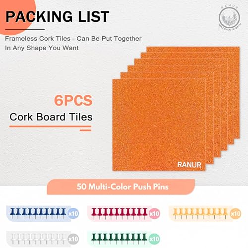 Image of RANUR 6 Pcs Felt Bulletin Board (30x30 cm) Self Adhesive Notice Boards with 50 Pins, Vision Board for Manifestation, Message Board for Notes, Photos, Office & Home Wall Decor (Orange)