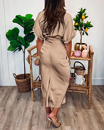 Btfbm Women 2023 Button Down Ruched Shirt Dresses Short Sleeve Lapel V Neck Elegant Party Spring Summer Maxi Satin Dress(Short Sleeve Light Khaki, Small) #TOP4