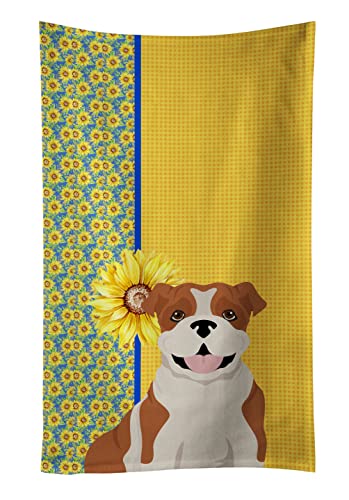 Caroline's Treasures WDK5415KTWL Summer Sunflowers Red English Bulldog Kitchen Towel Dish Cloths Guest Hand Towel Decorative Bathroom Towel for Face,Tea, Dishcloth, Kitchen and Bath