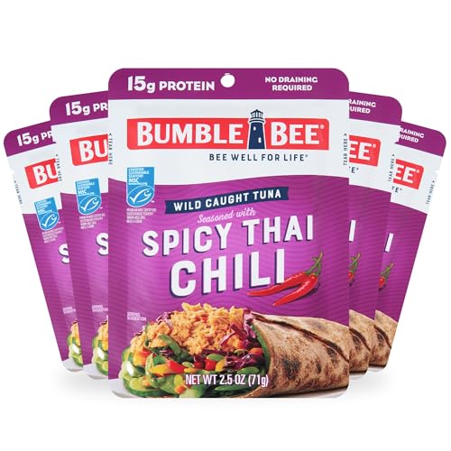 Image of Bumble Bee Spicy Thai Chili Seasoned Tuna Pouch - Wild Caught and Ready to Eat for Snack, Salad, Korean Tuna Bowl - 15g Protein per Serving - PERFECT, PORTABLE, GOODNESS - 2.5 oz Packet (Pack of 5)