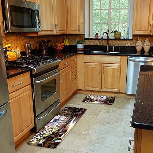 Kitchen Rug Set 2 Pieces Paris Vintage Painting France Street Cafe European Building French Shops Comfort Floor Mat Washable Doormat Anti Fatigue Non-Slip Chef Runner Rugs Bedroom Area Carpet Mats #TOP2