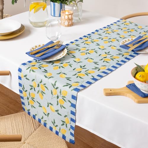 Image of furn. Lemons Table Runner – Washable Striped Mediterranean Fruits Quick Drying Dining Table Decoration (Blue - 180x35cm)