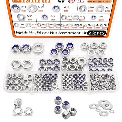 Dianrui 252PCS Metric Hexnut & Locknuts Assortment Kit with Flat Washer, Nuts and Washers Set 304 Stainless Steel (M3/ M4/ M5/ M6/ M8/ M10/ M12) Hardware Nuts-7 Sizes